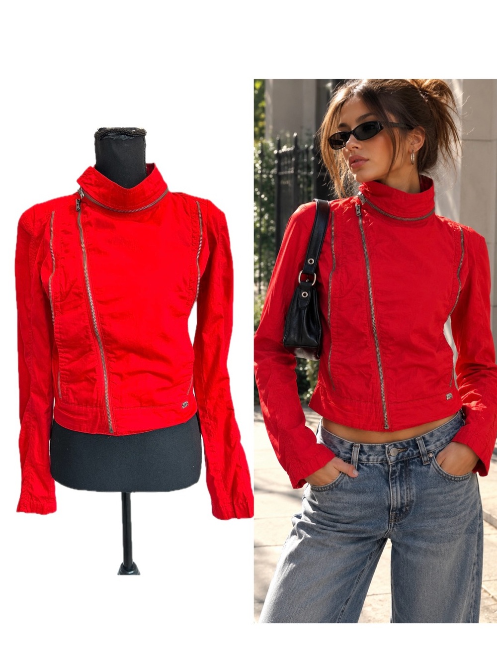 Miss Sixty Collection Red Y2K Asymmetrical Zip Moto Jacket Size Small